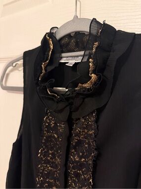 Jennifer Lopez Black Sleeveless Mock Neck Top with Gold Lace Trim